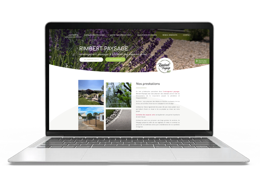 Aperçu de la page d'accueil du site internet de Rimbert Paysage sur un ordinateur portable
