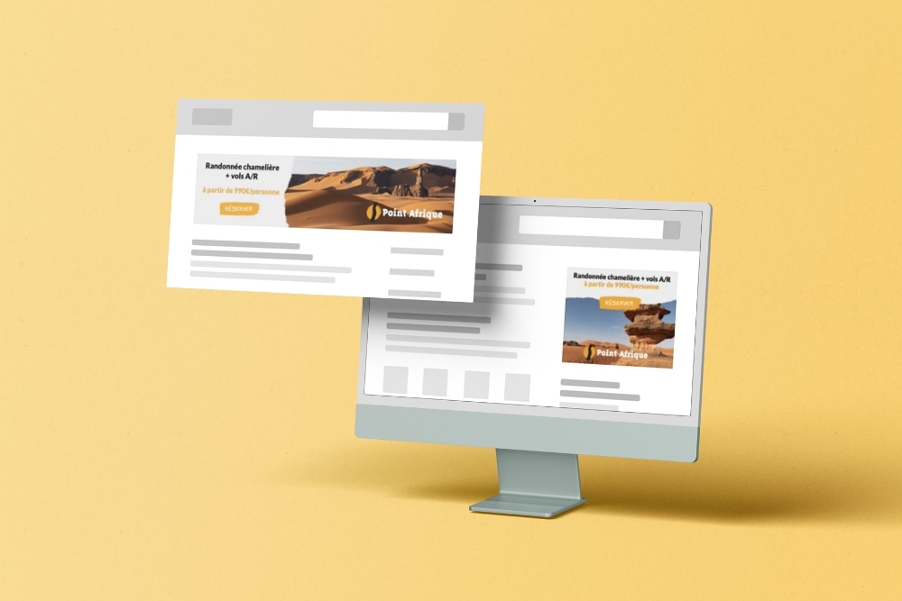 Exemples de bannières display format horizontal et carré sur des wireframes de pages web.