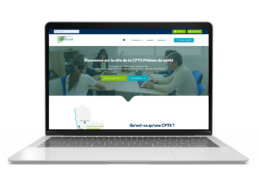 Aperçu du site internet de la CPTS Plaines de santé sur un ordinateur portable